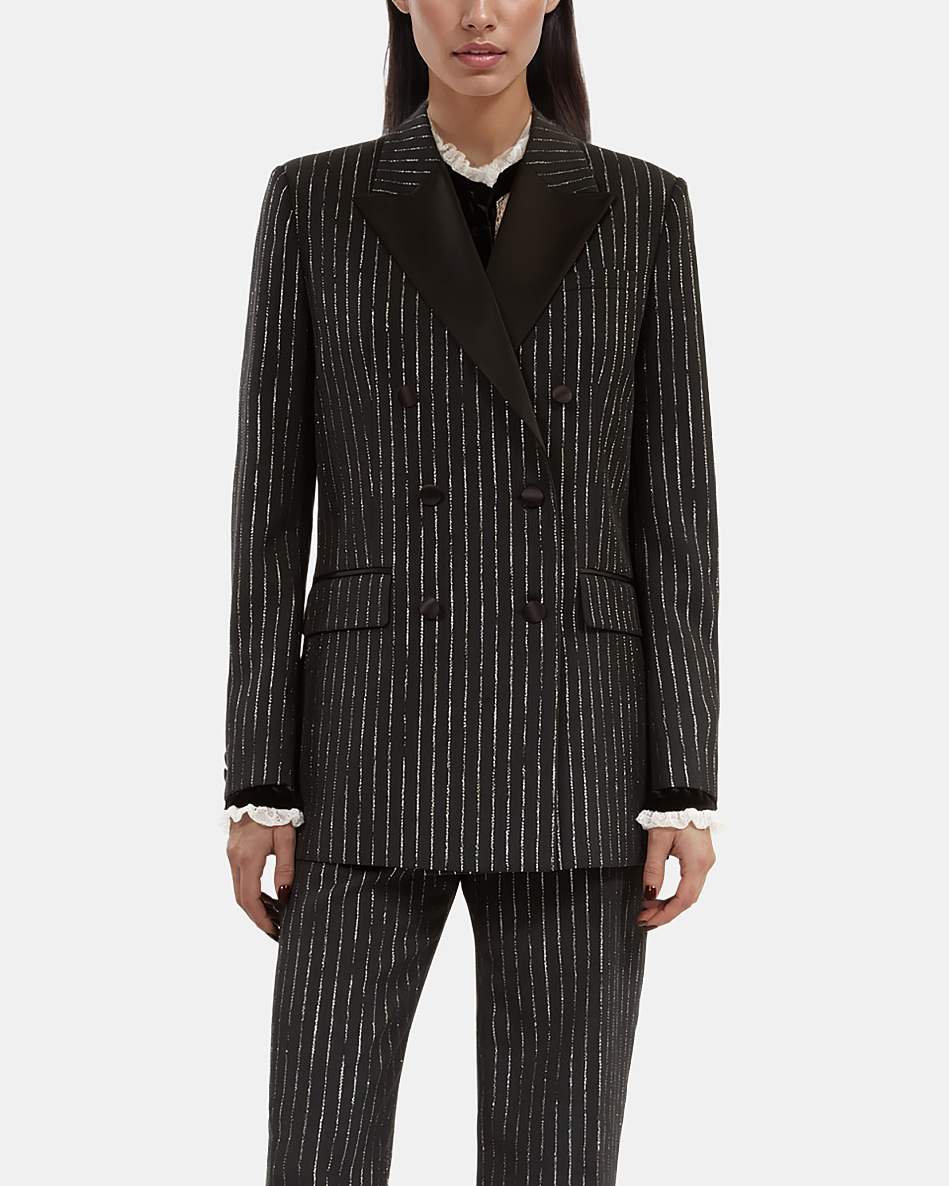Black pinstripe suit jacket