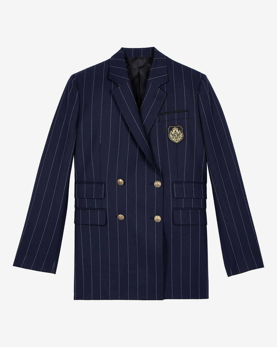 Navy blue wool blend tennis stripe suit jacket
