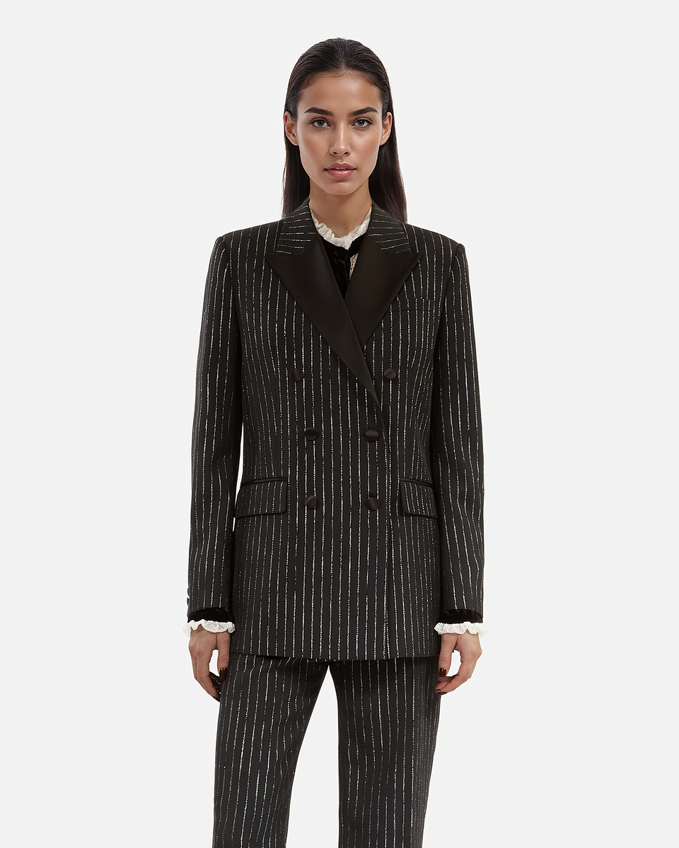 Black pinstripe suit jacket
