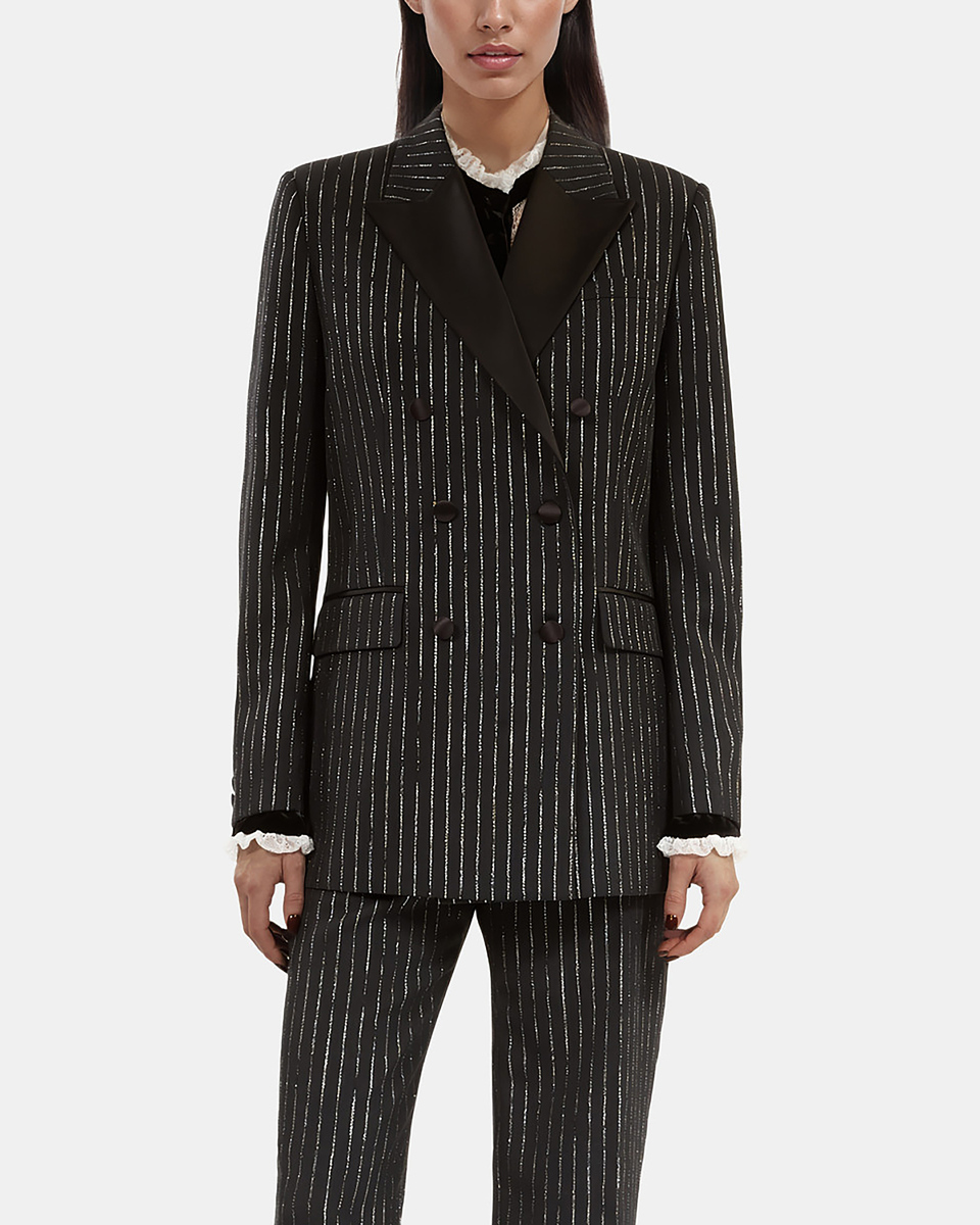 Black pinstripe suit jacket