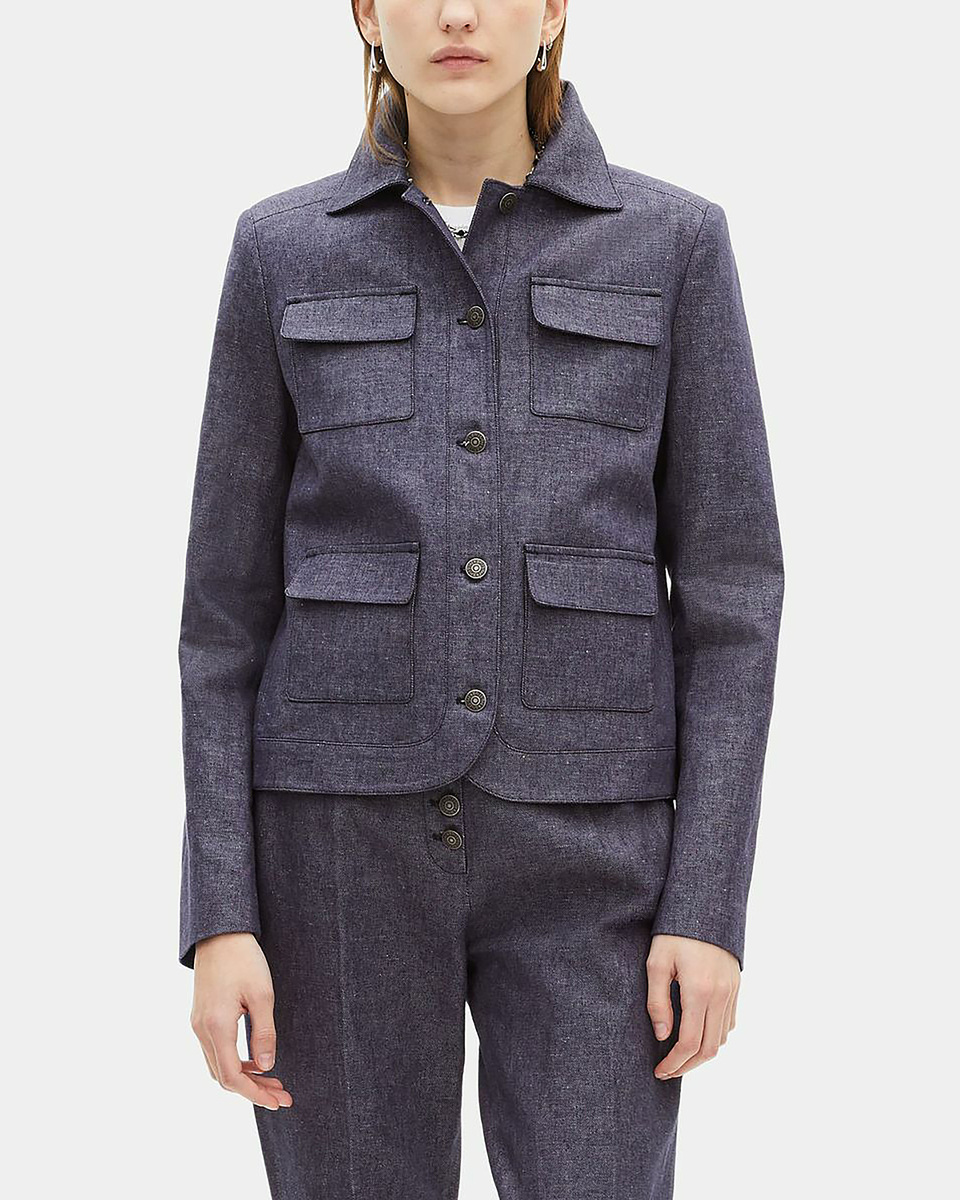 Short jacket in blue cotton and linen