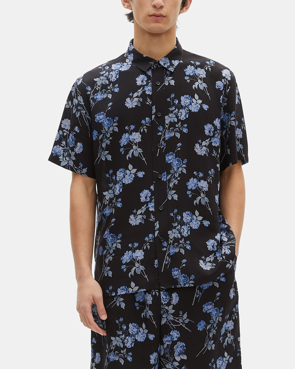 Black floral print short-sleeved shirt