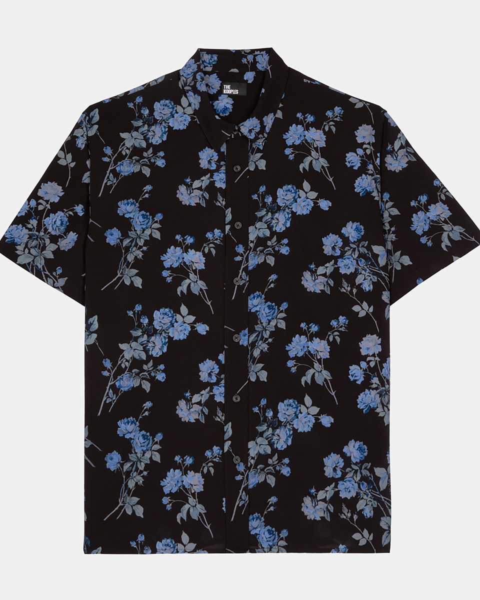 Black floral print short-sleeved shirt