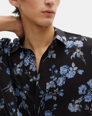 Black floral print short-sleeved shirt