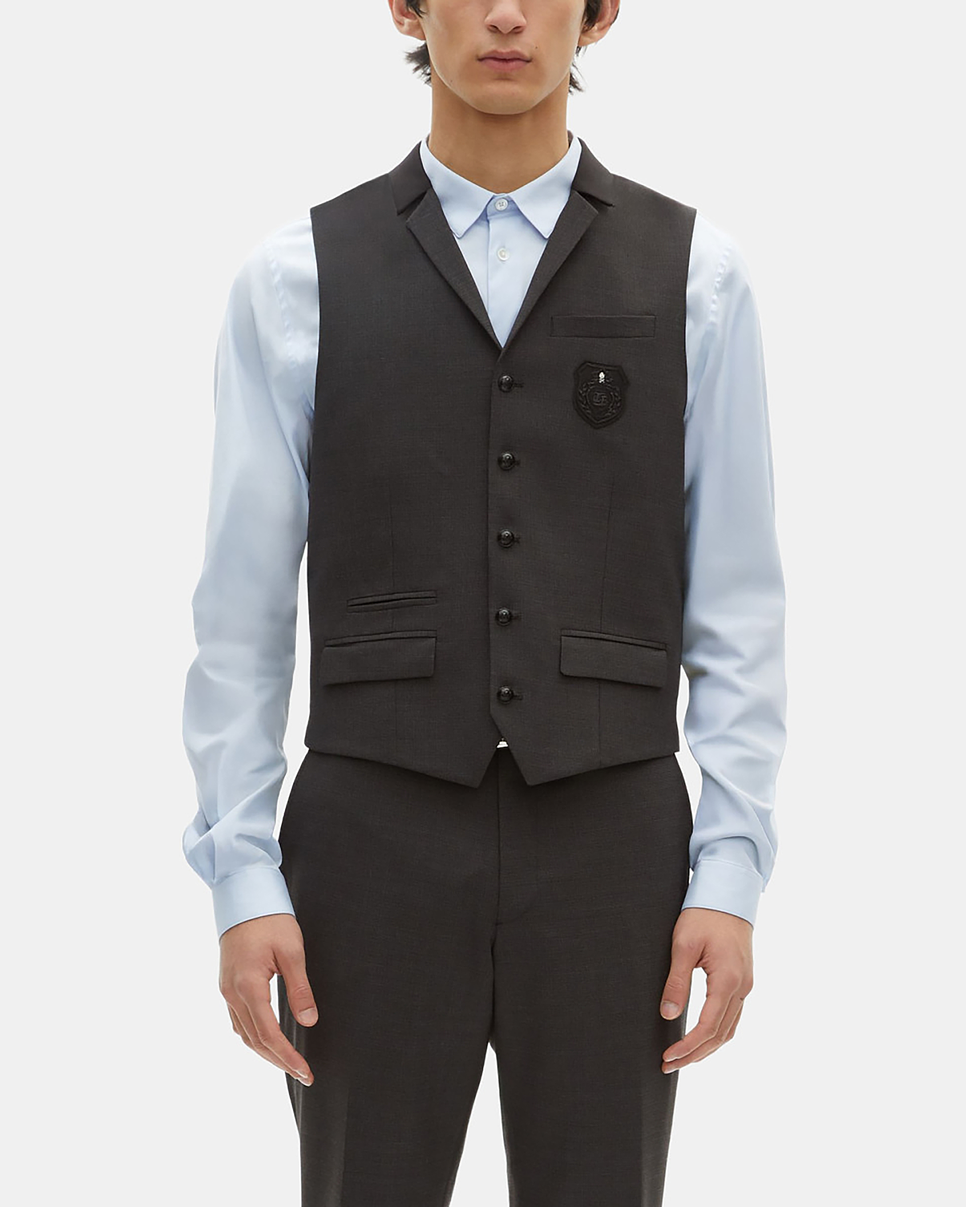 Black micro check wool blend suit vest