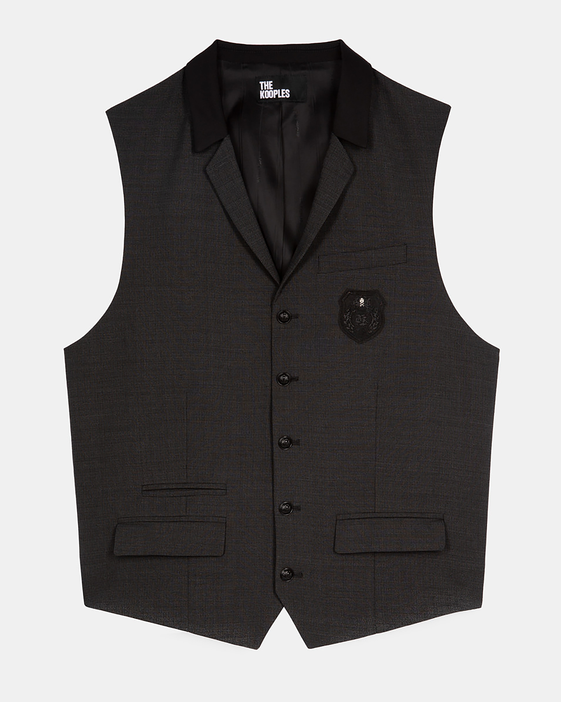 Black micro check wool blend suit vest
