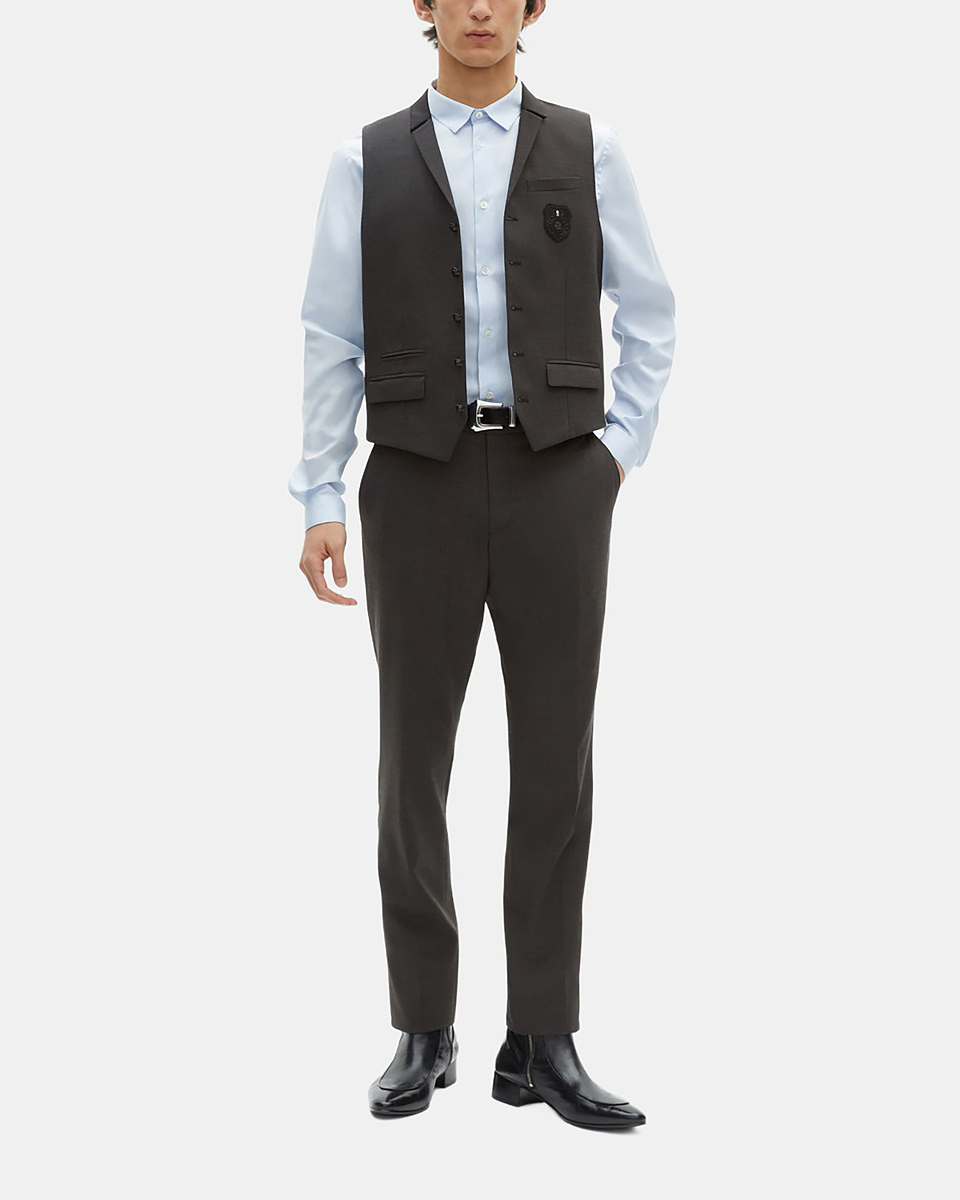 Black micro check wool blend suit vest