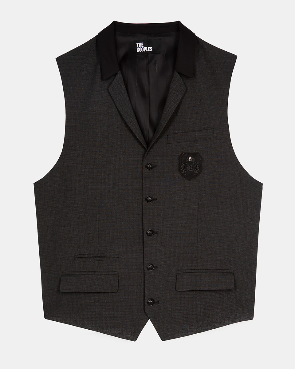 Black micro check wool blend suit vest