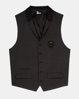 Black micro check wool blend suit vest