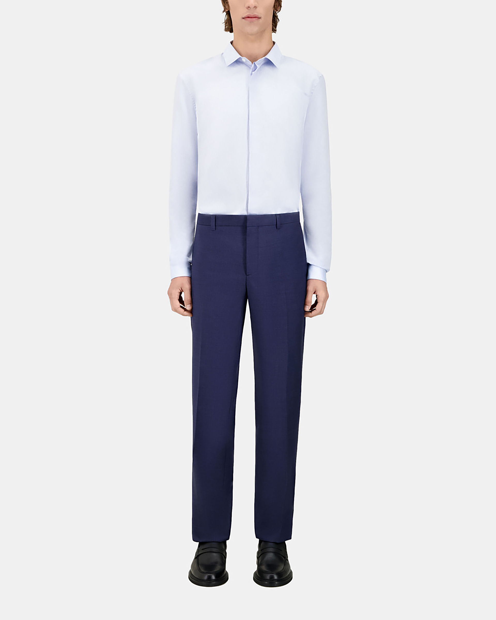 Navy blue micro-check wool suit trousers