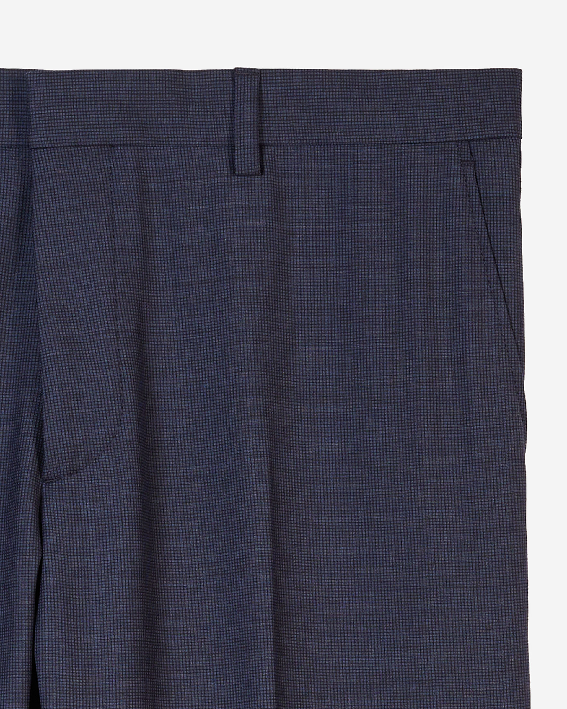 Navy blue micro-check wool suit trousers