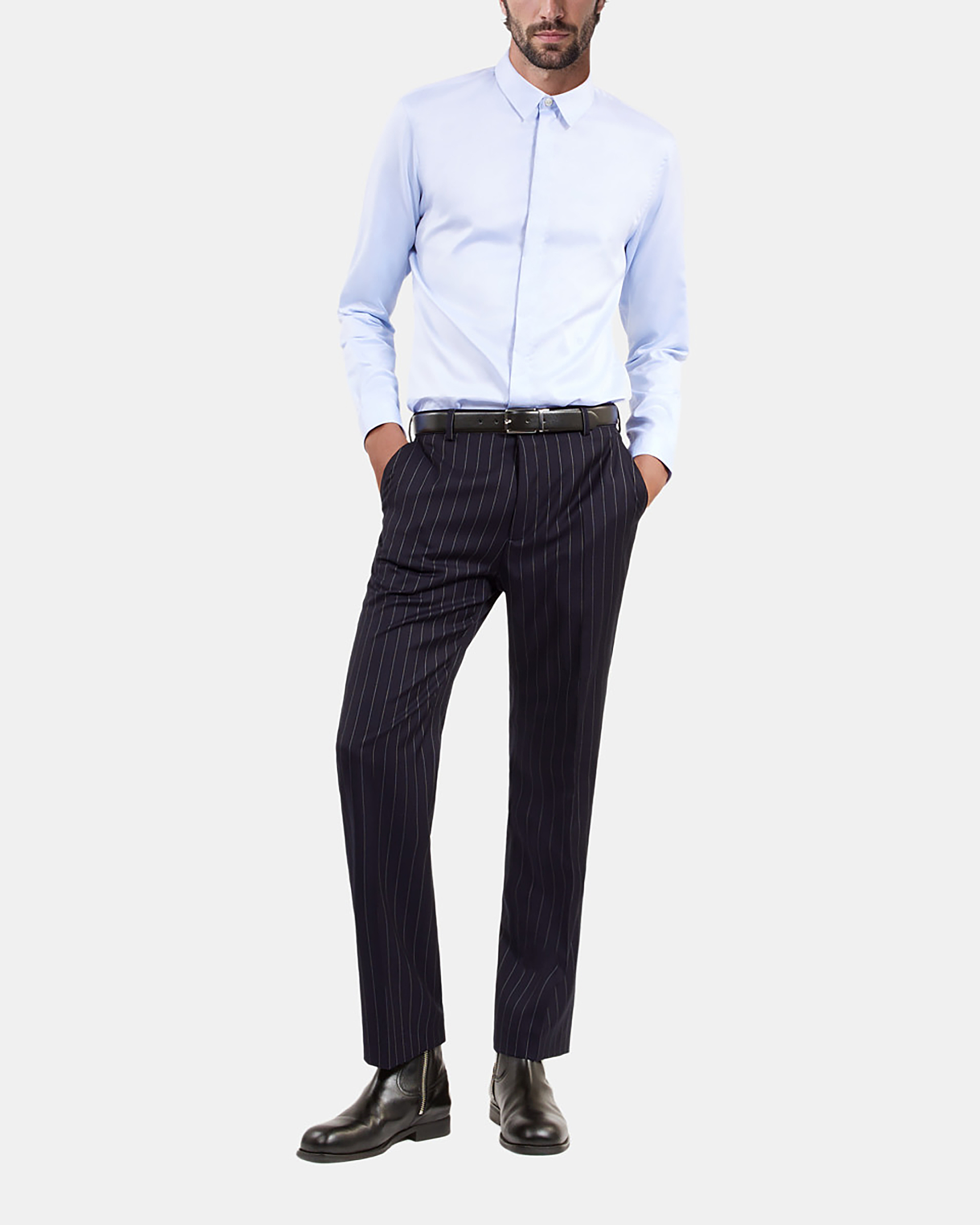 Blue pinstripe suit pants