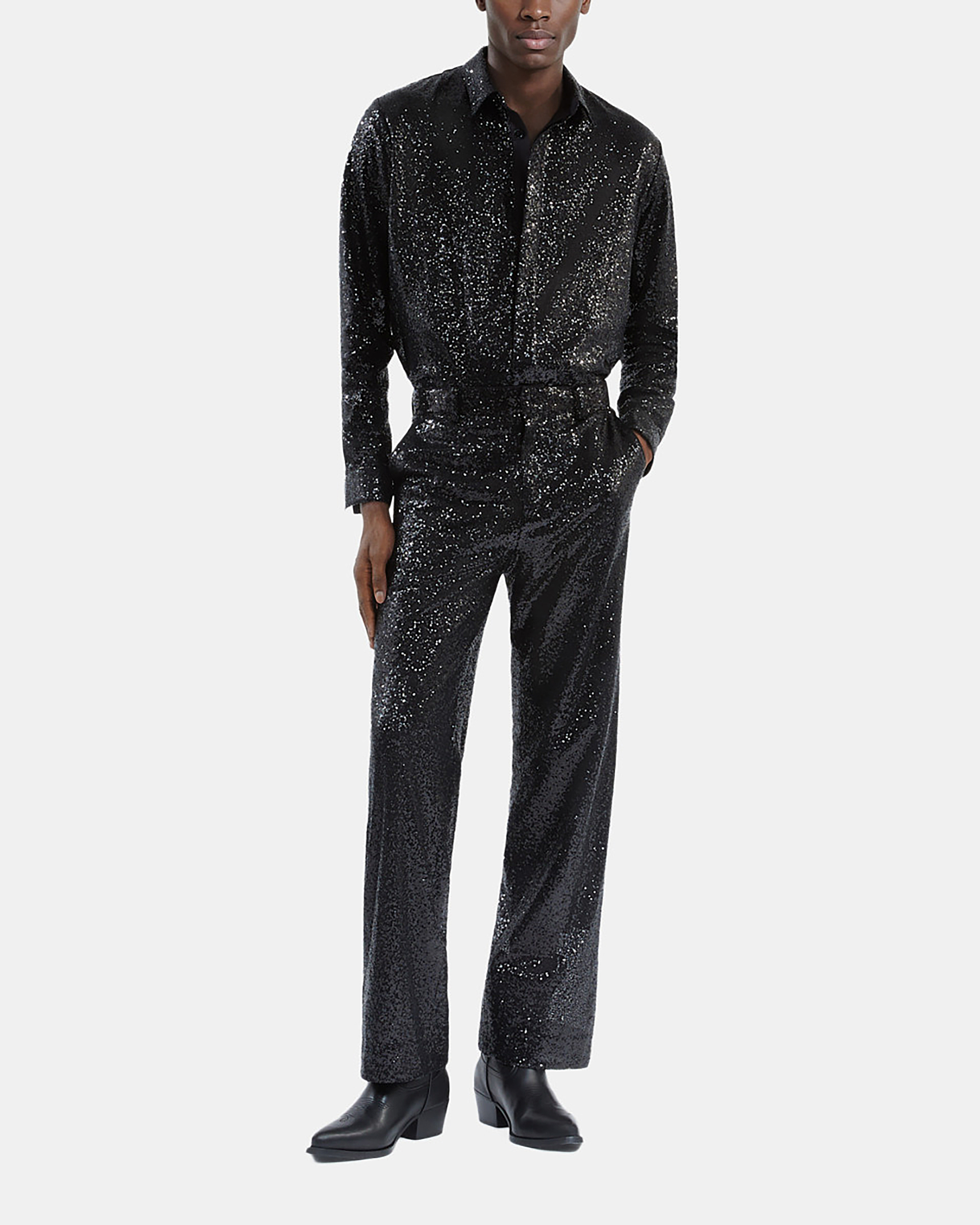 Straight-cut black sequin pants