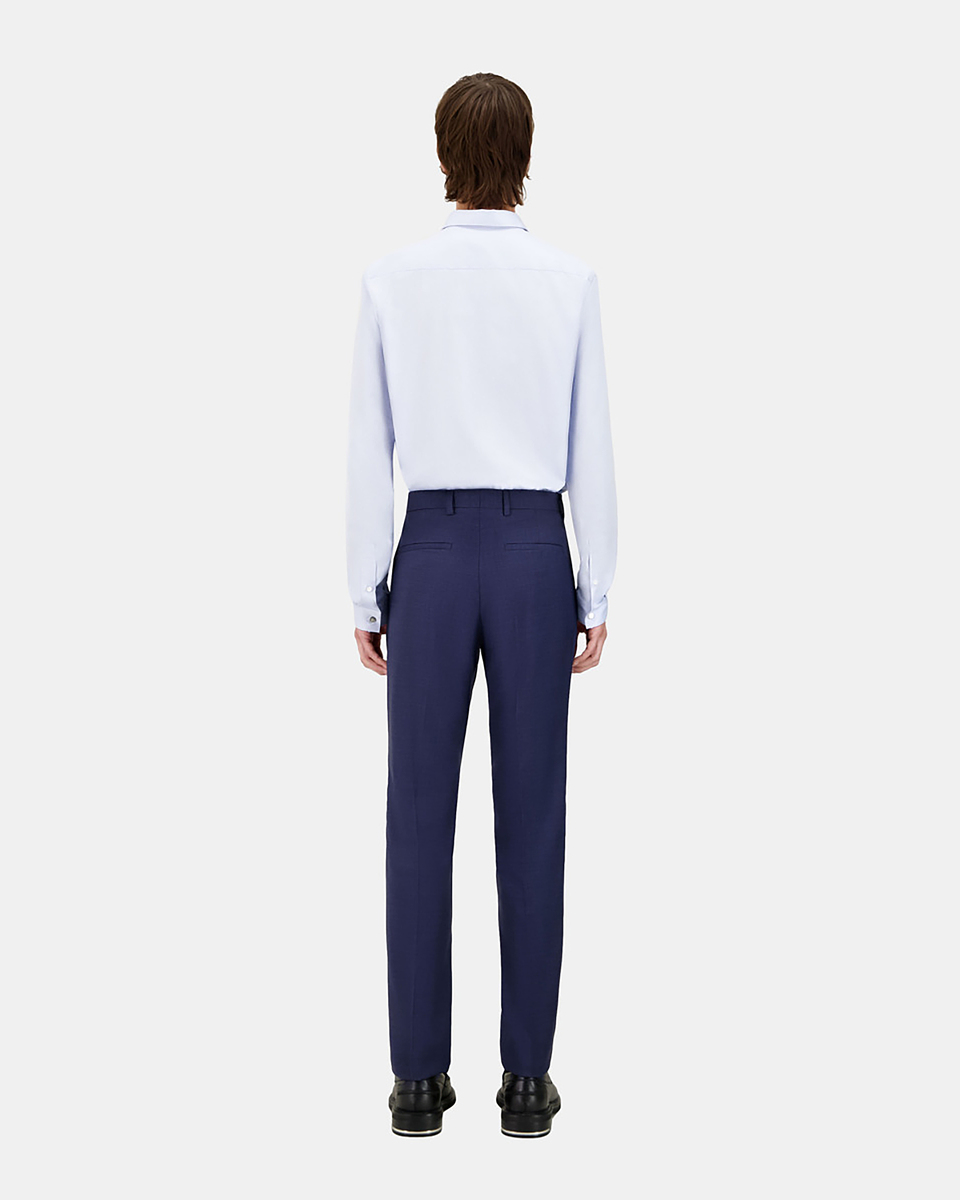 Navy blue micro-check wool suit trousers