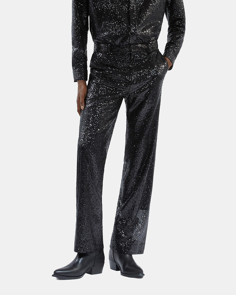 Straight-cut black sequin pants