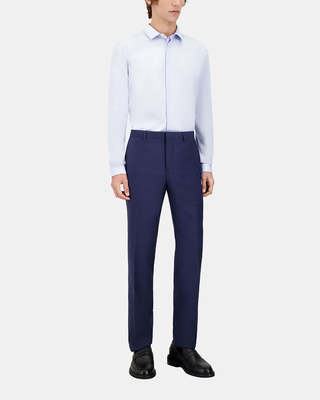 Navy blue micro-check wool suit trousers