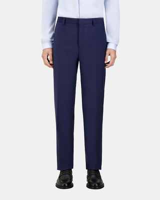 Navy blue micro-check wool suit trousers