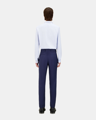 Navy blue micro-check wool suit trousers