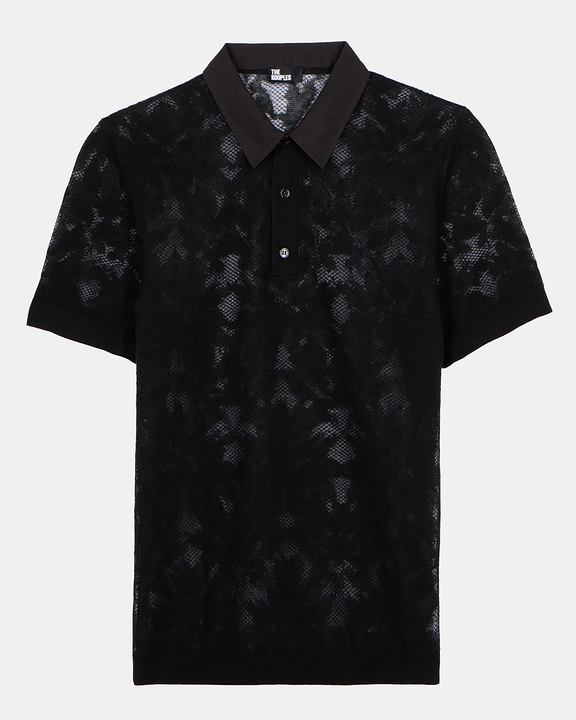 Black lace-effect knit polo shirt