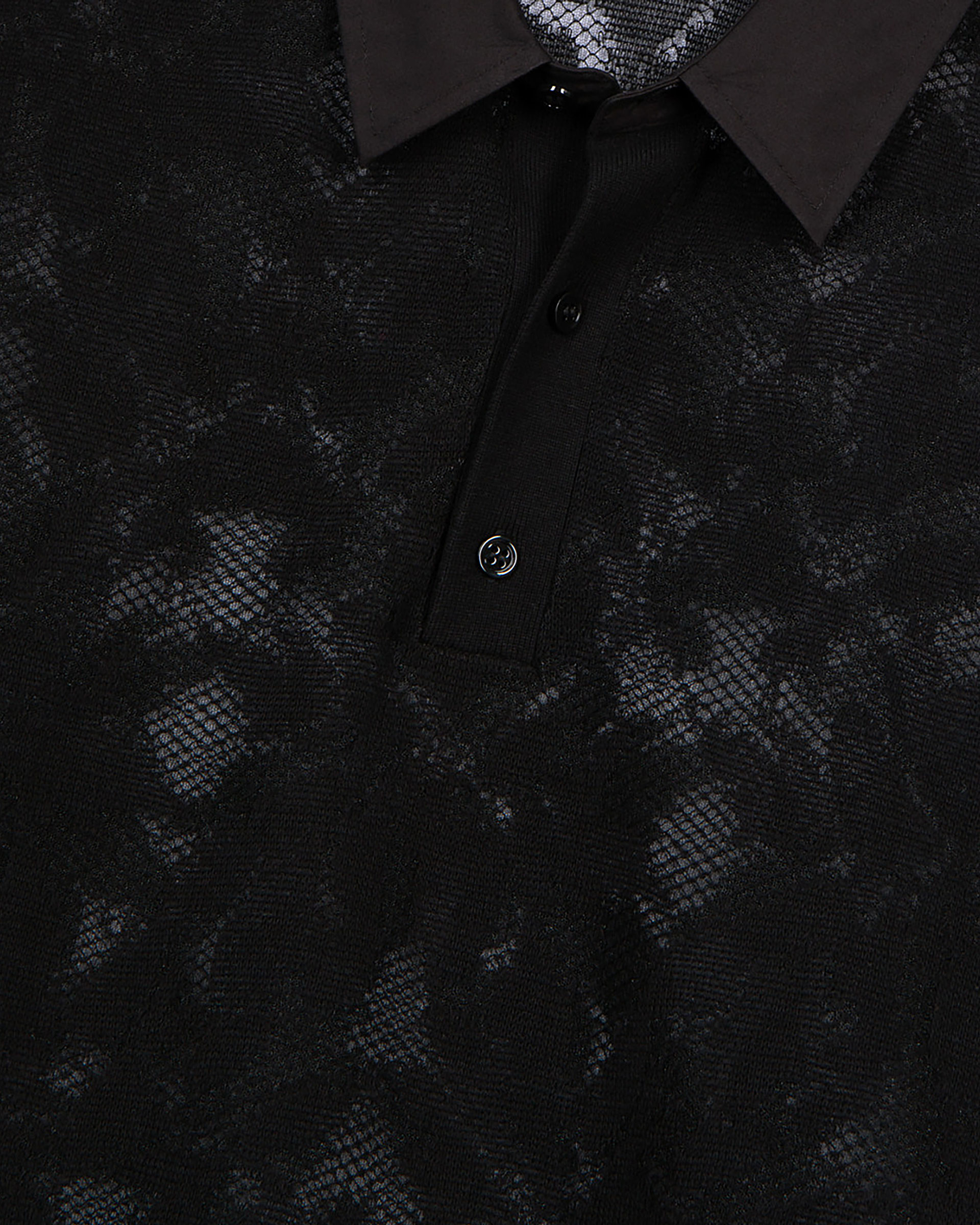 Black lace-effect knit polo shirt