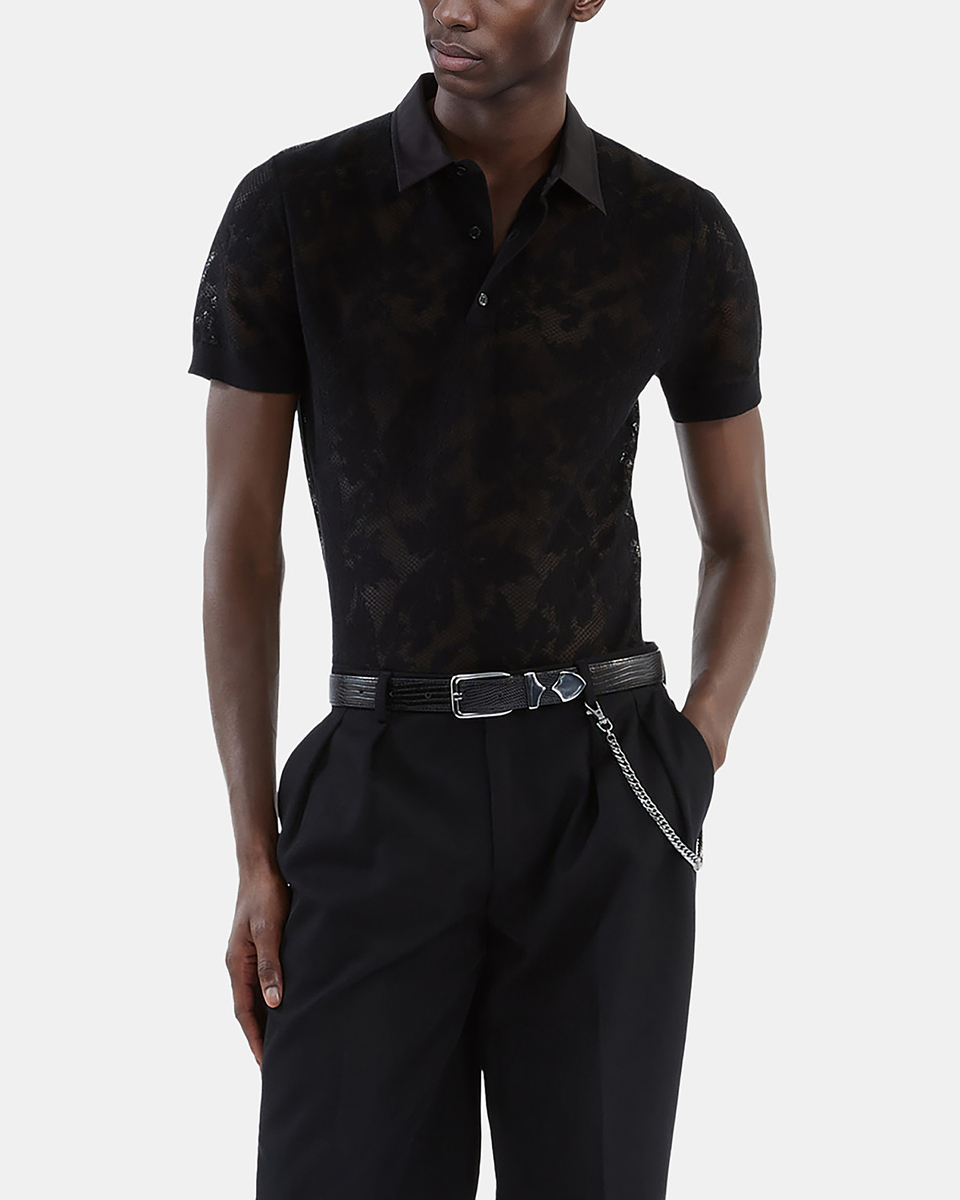 Black lace-effect knit polo shirt