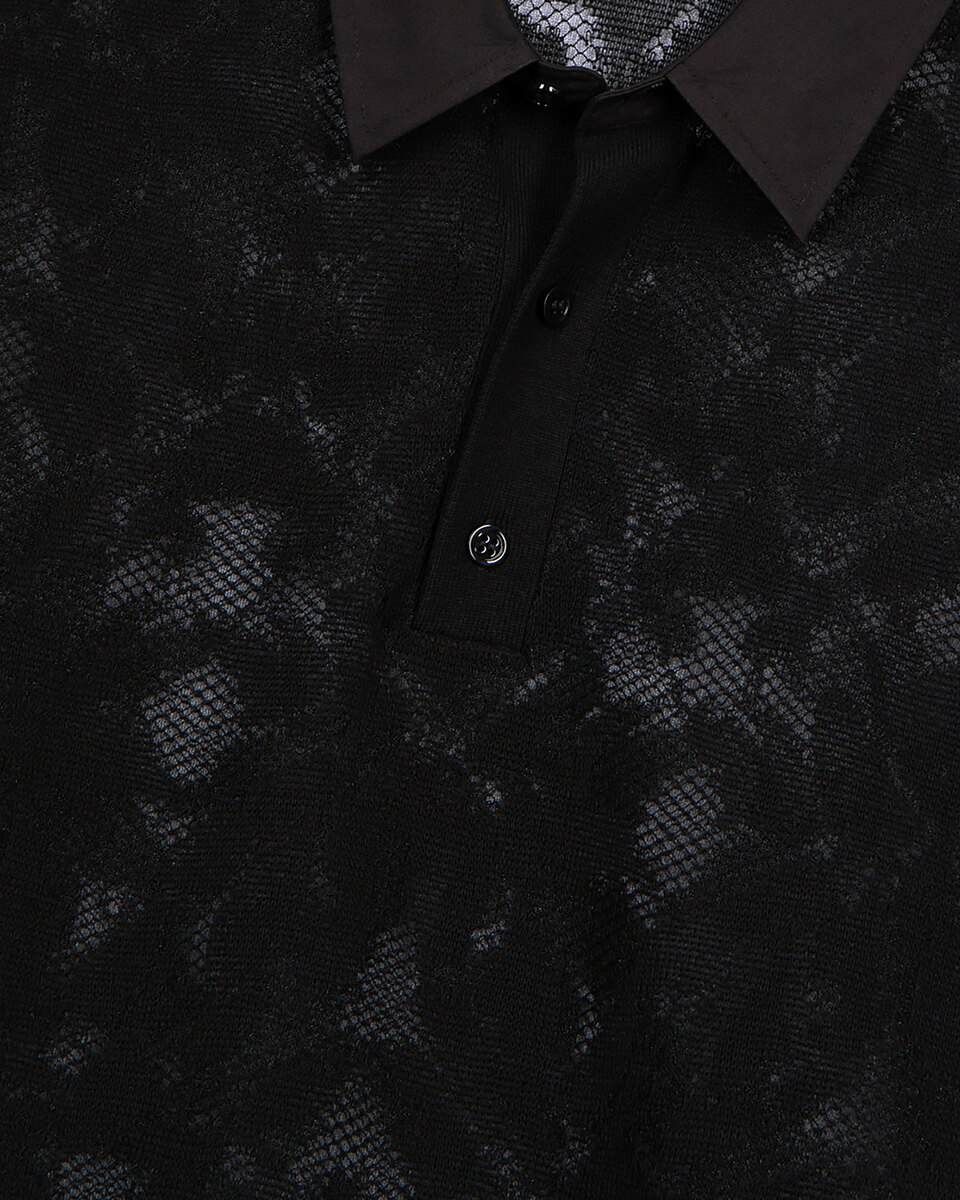 Black lace-effect knit polo shirt