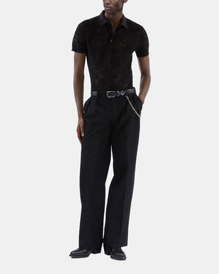 Black lace-effect knit polo shirt