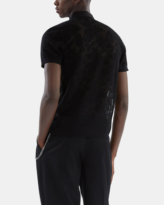 Black lace-effect knit polo shirt