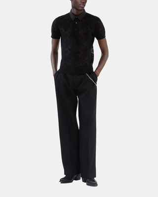 Black lace-effect knit polo shirt
