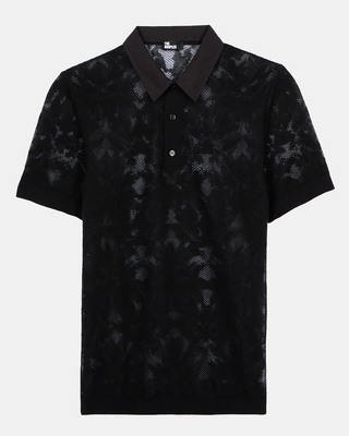 Black lace-effect knit polo shirt