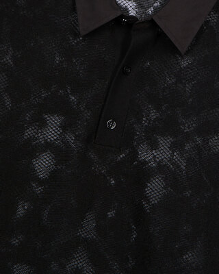 Black lace-effect knit polo shirt