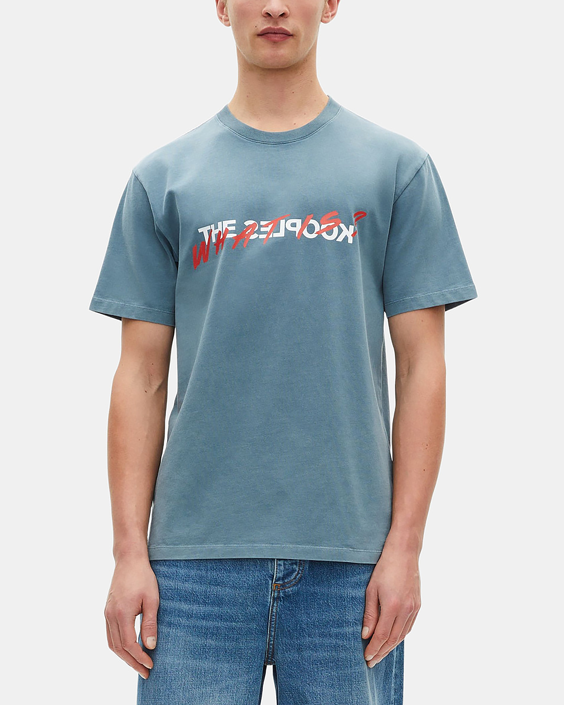 What is blue T-shirt