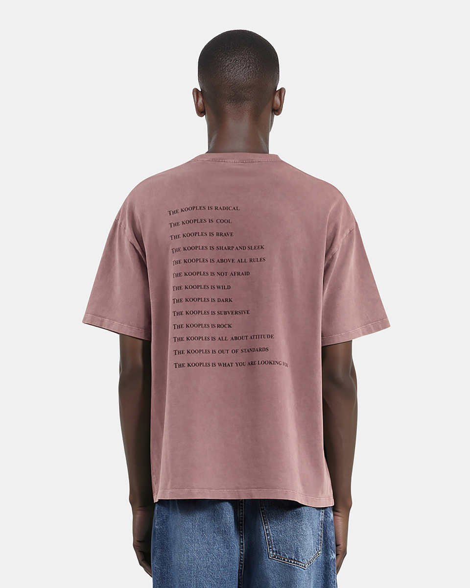 What is burgundy T-shirt
