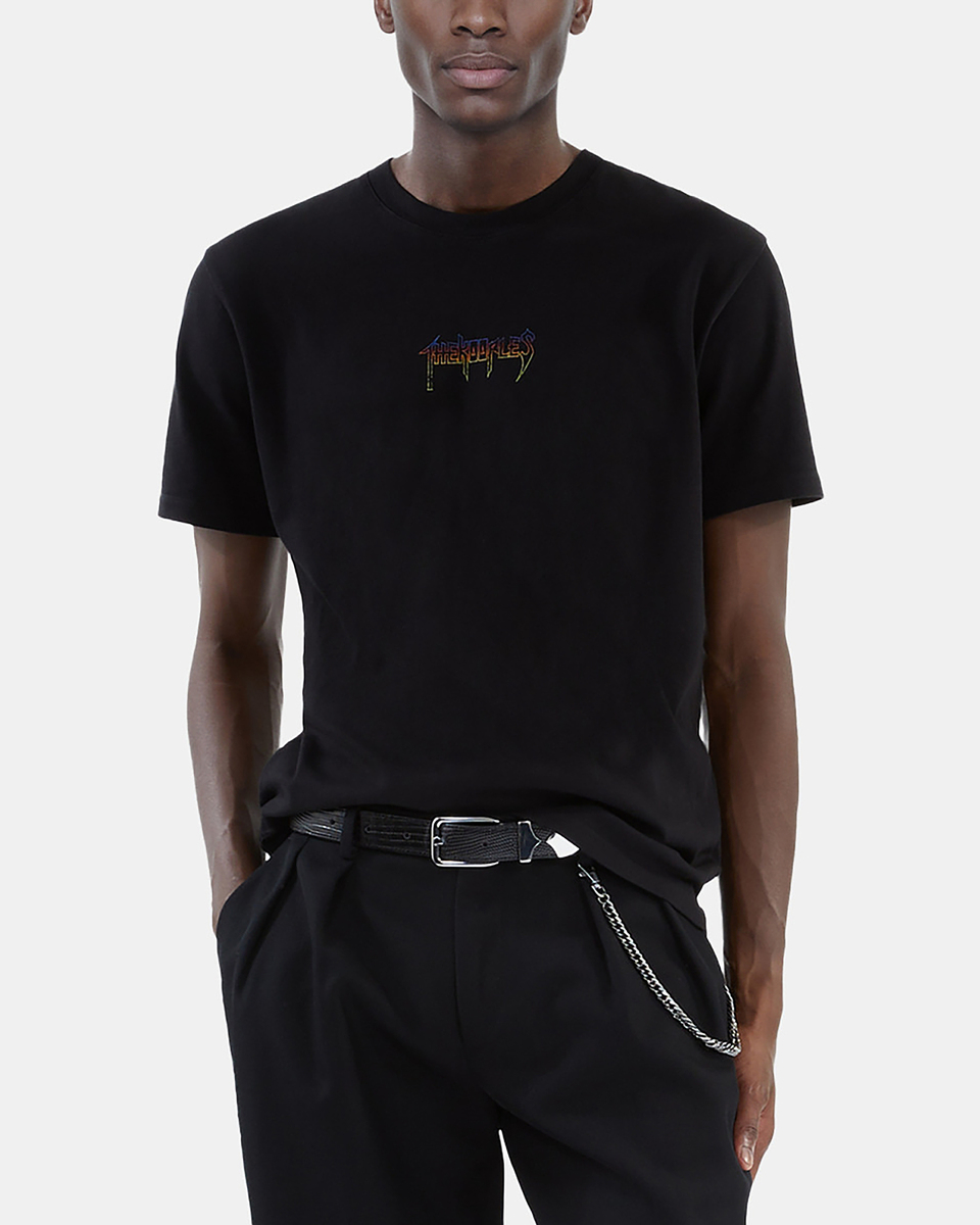 Black screen-printed T-shirt
