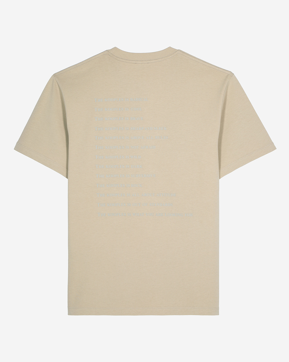 What is beige T-shirt