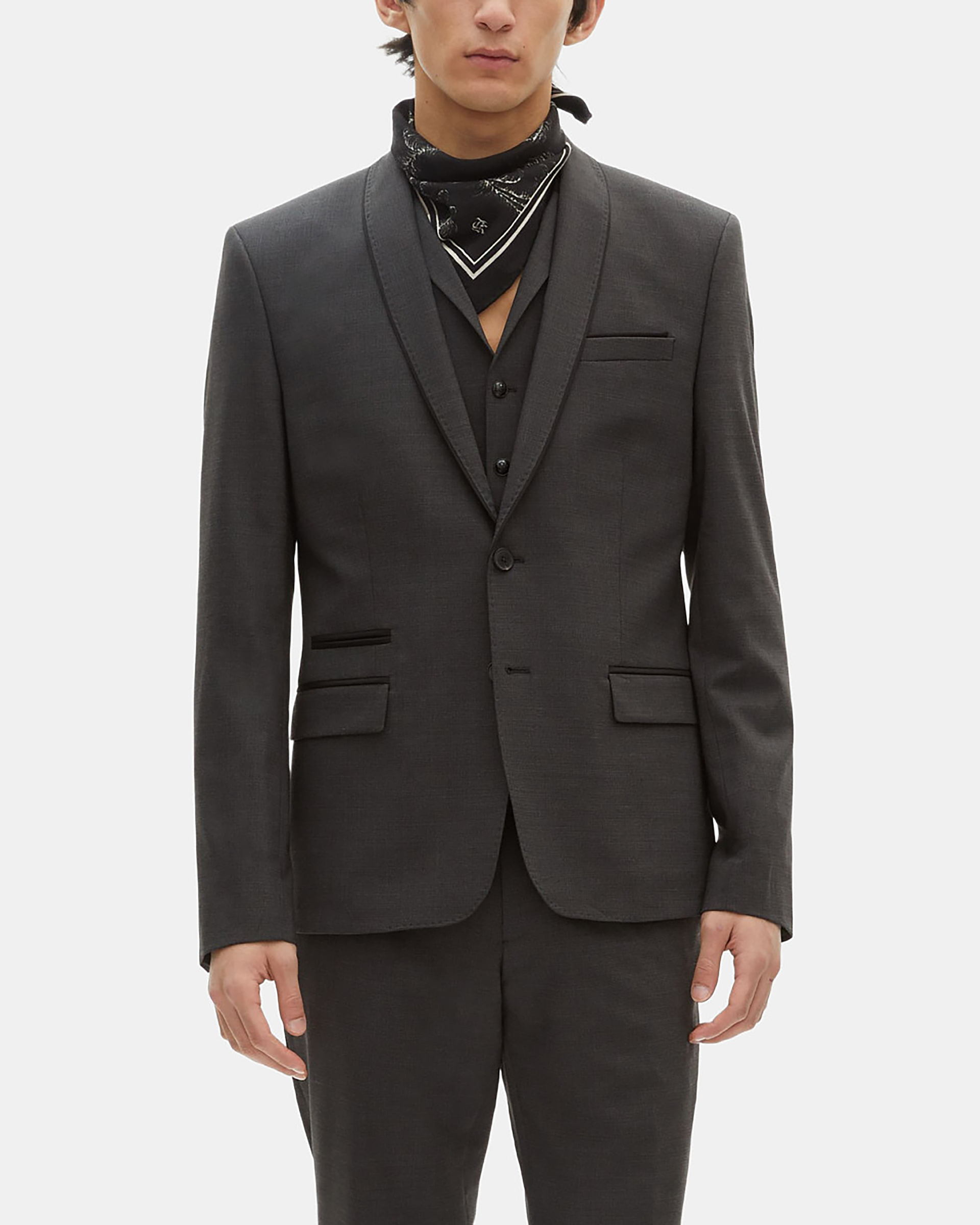 Black micro check wool blend suit jacket