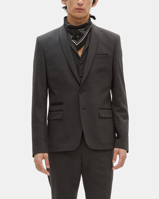 Black micro check wool blend suit jacket
