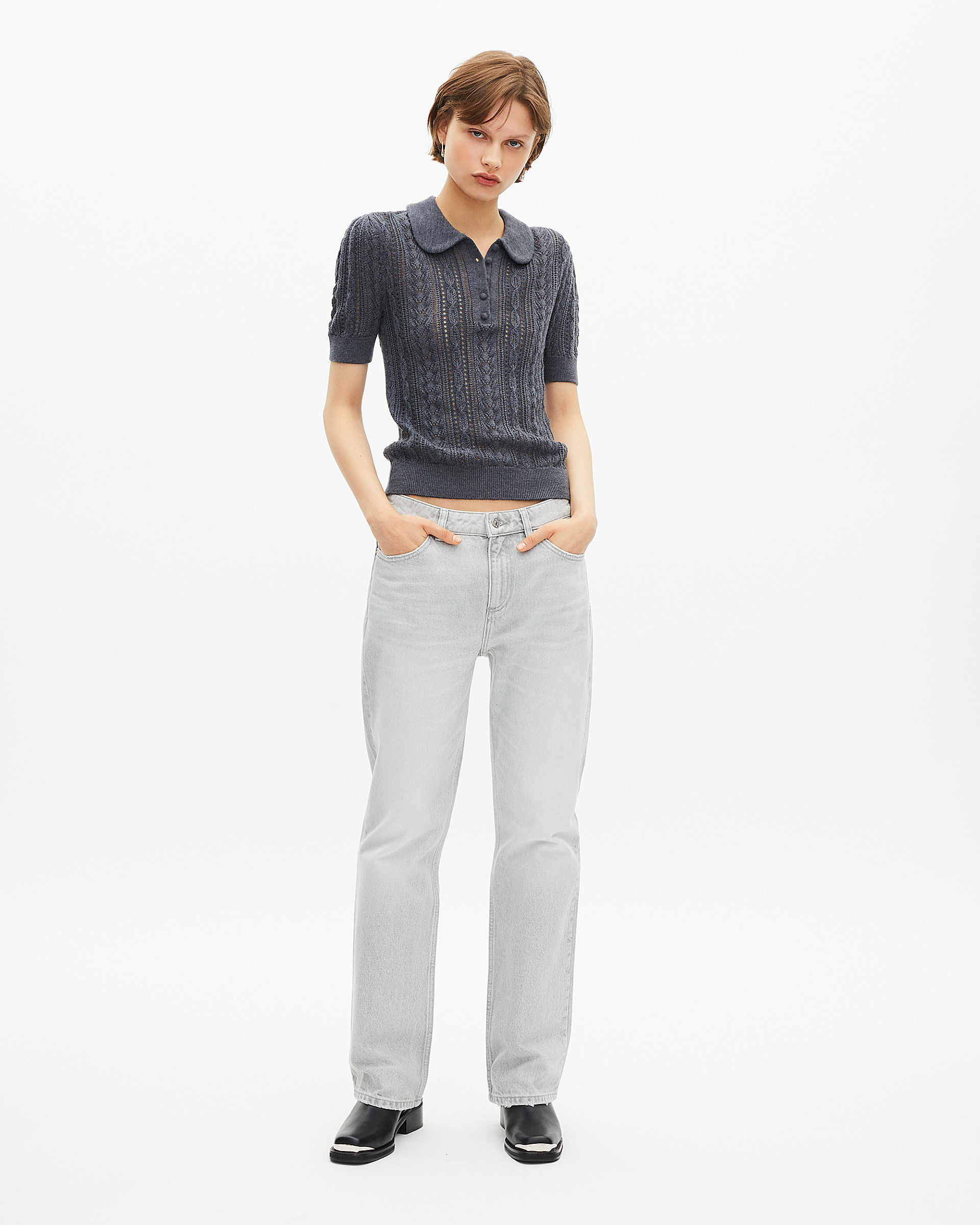Grey merino wool short-sleeve sweater