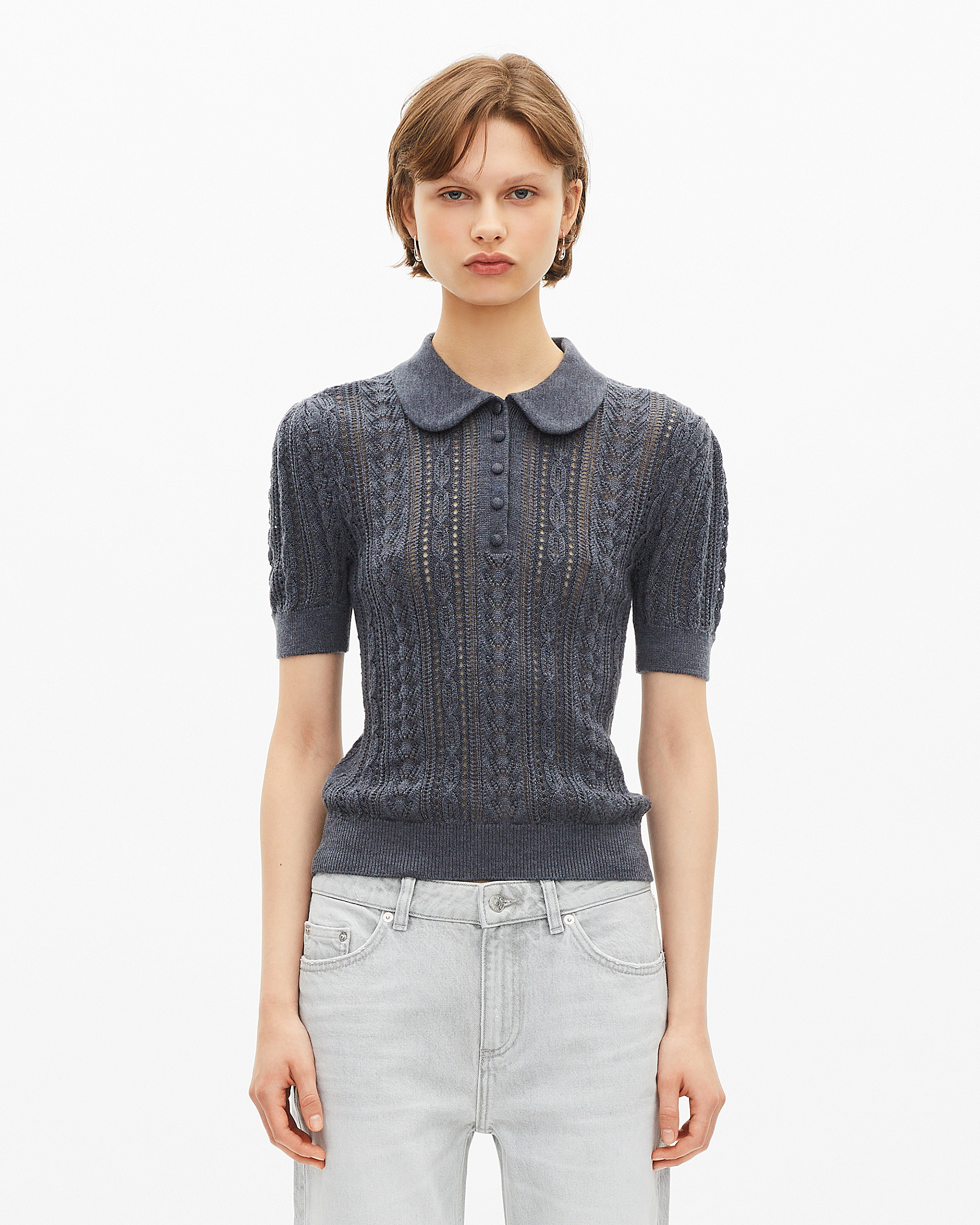 Grey merino wool short-sleeve sweater