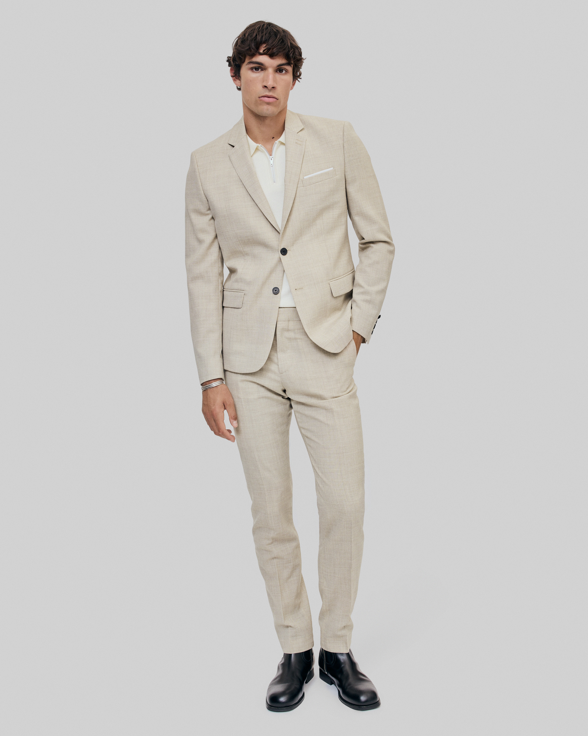 Beige slim fit wool suit jacket