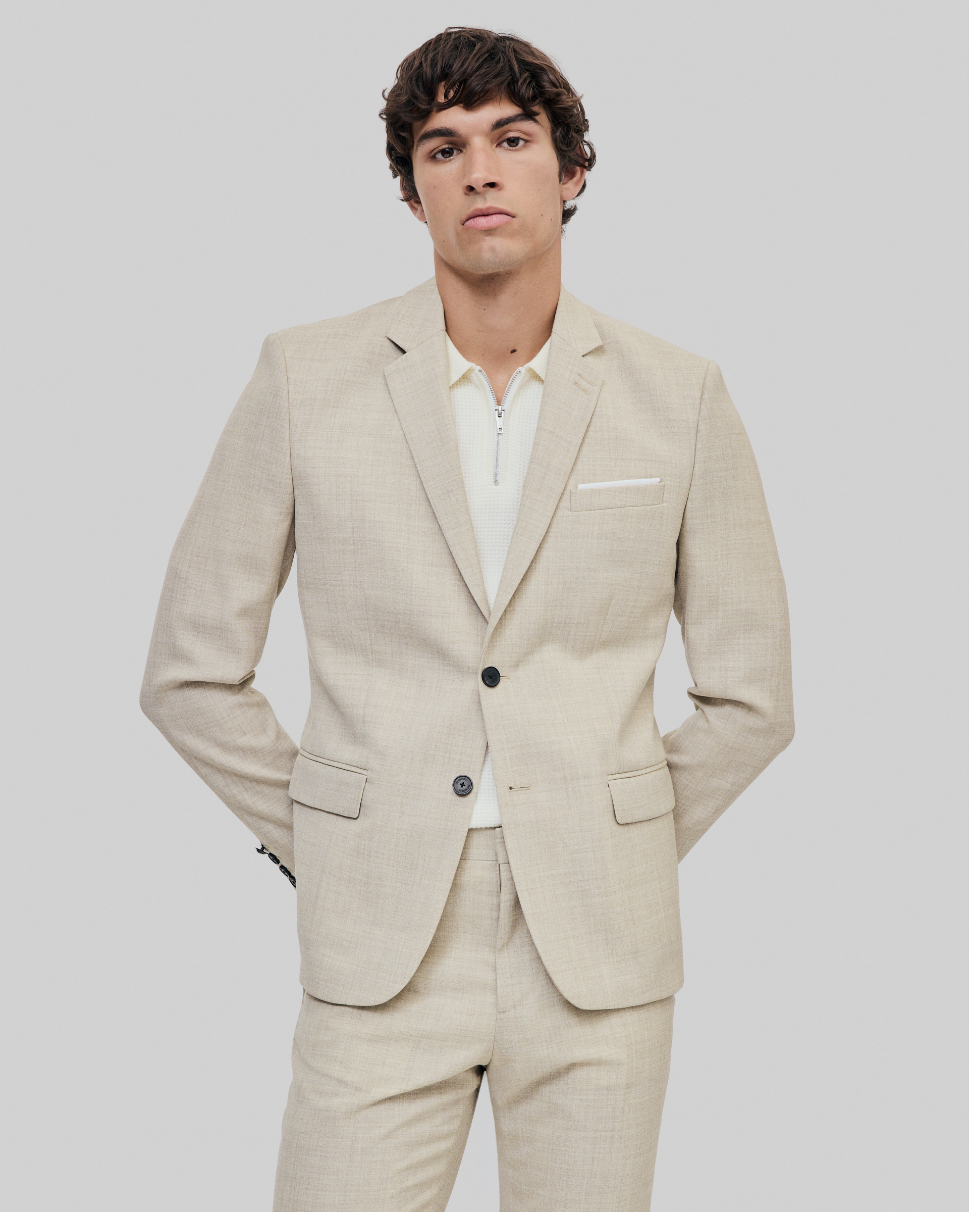 Beige slim fit wool suit jacket