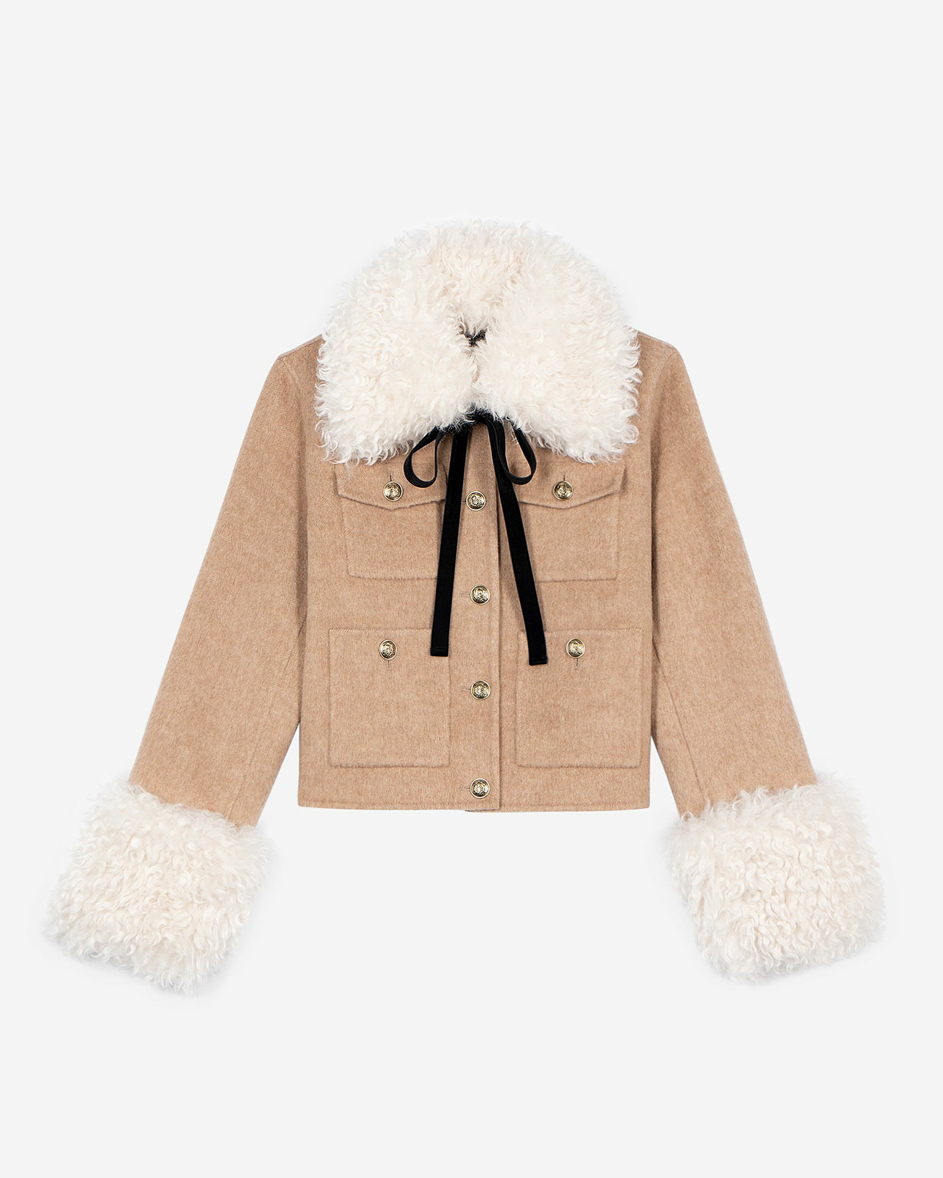 Short wool jacket with beige sherpa collar