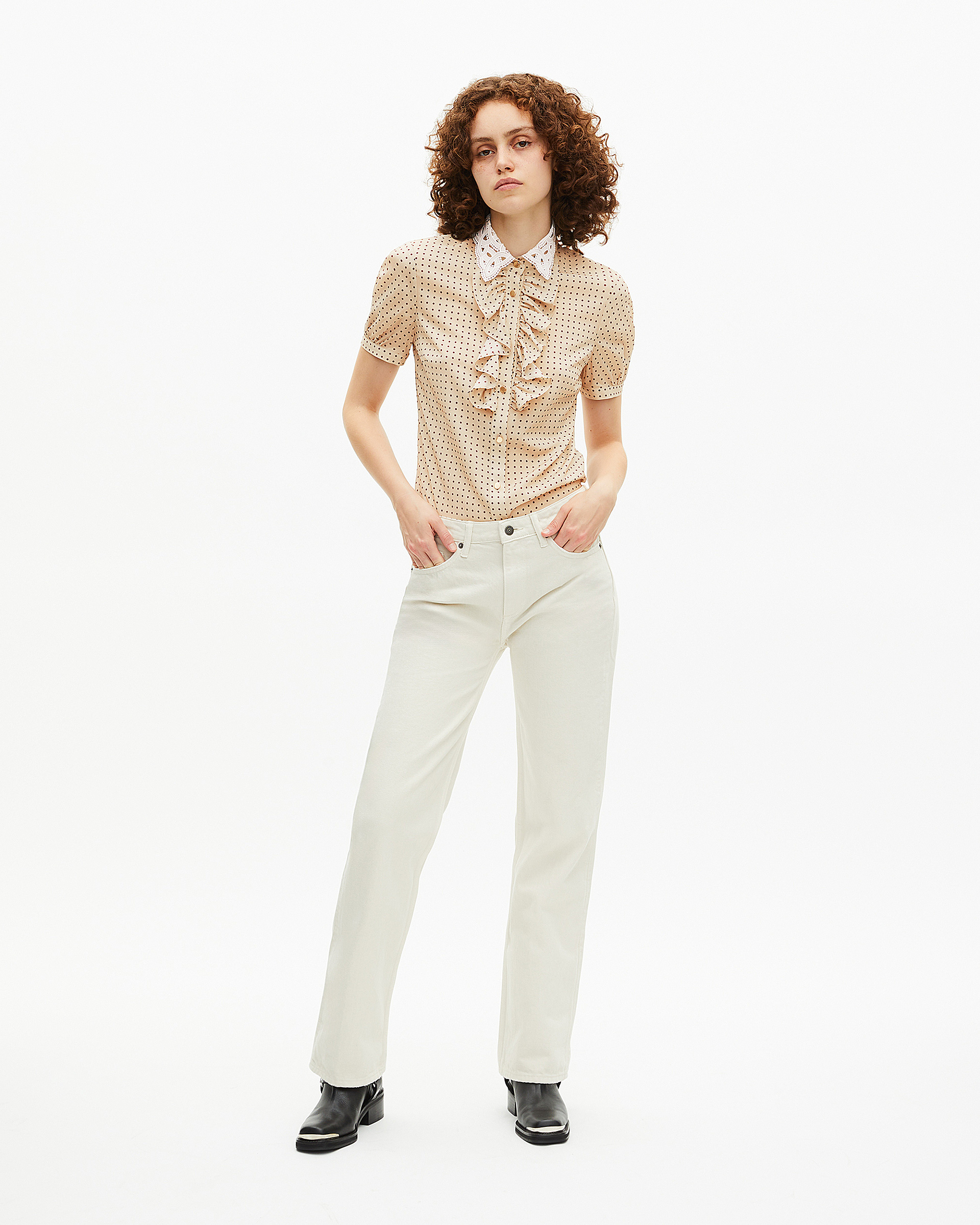Short-sleeved beige polka-dot shirt