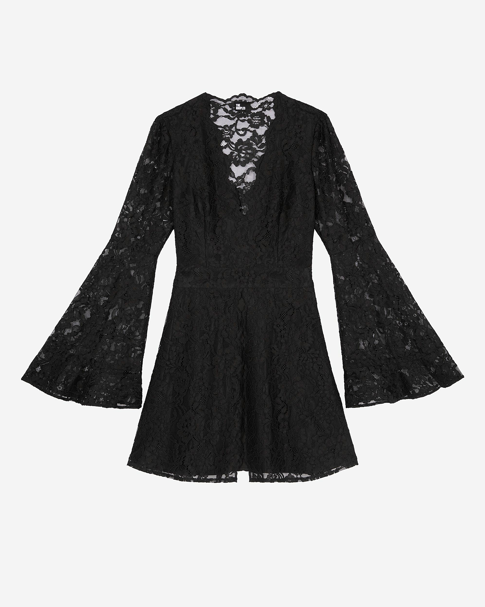 Short dress with flared sleeves in black lace