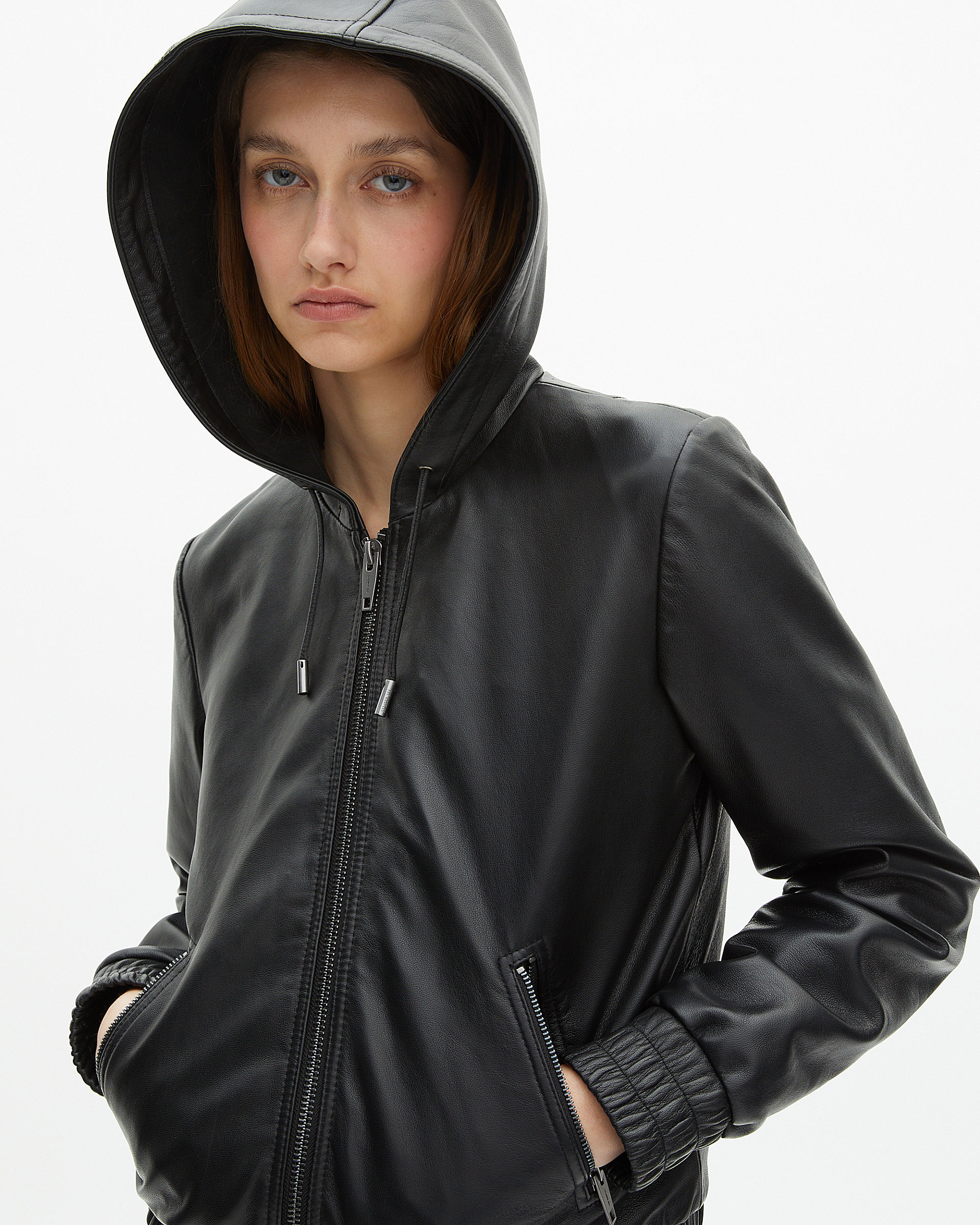 Black leather hooded jacket