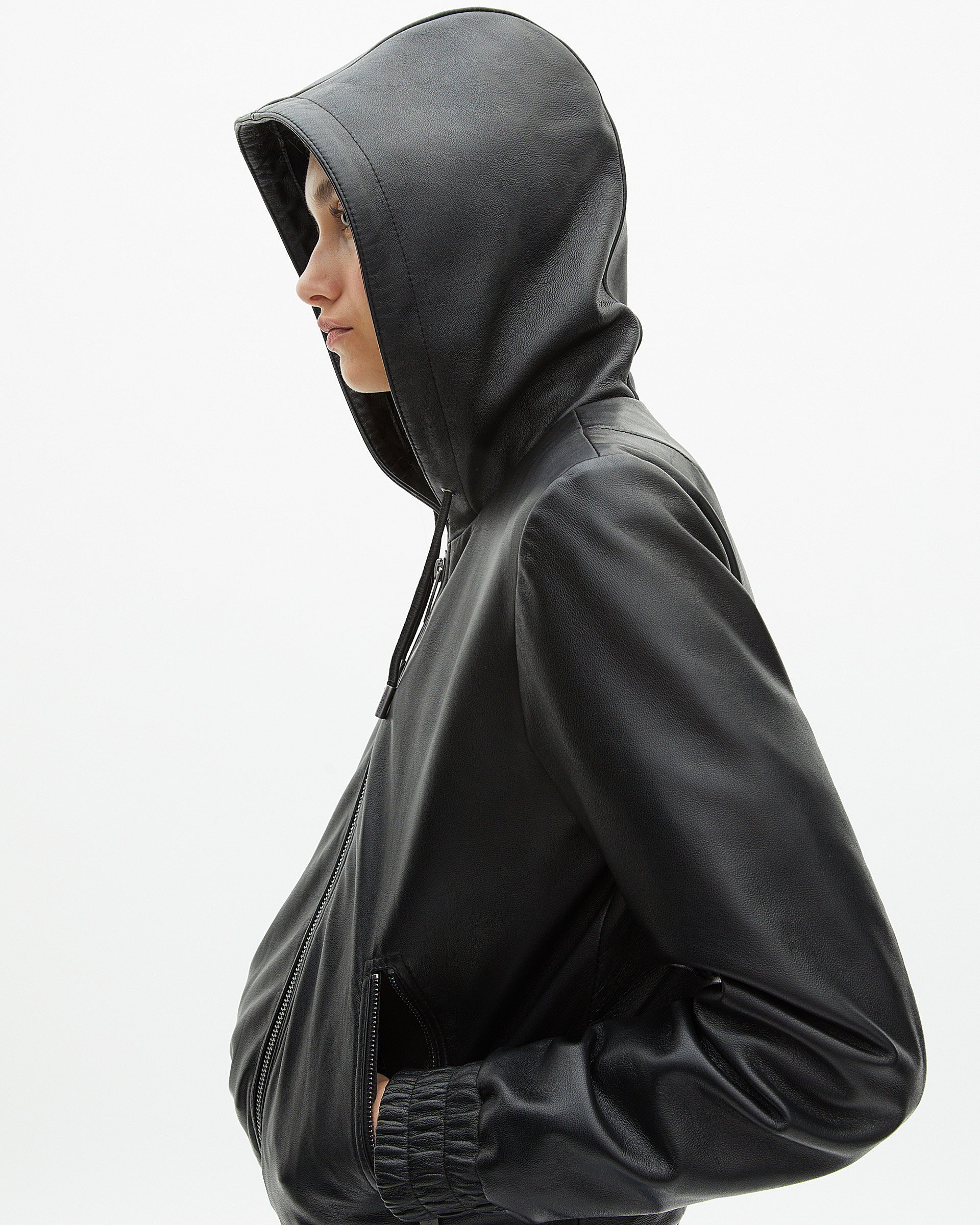 Black leather hooded jacket