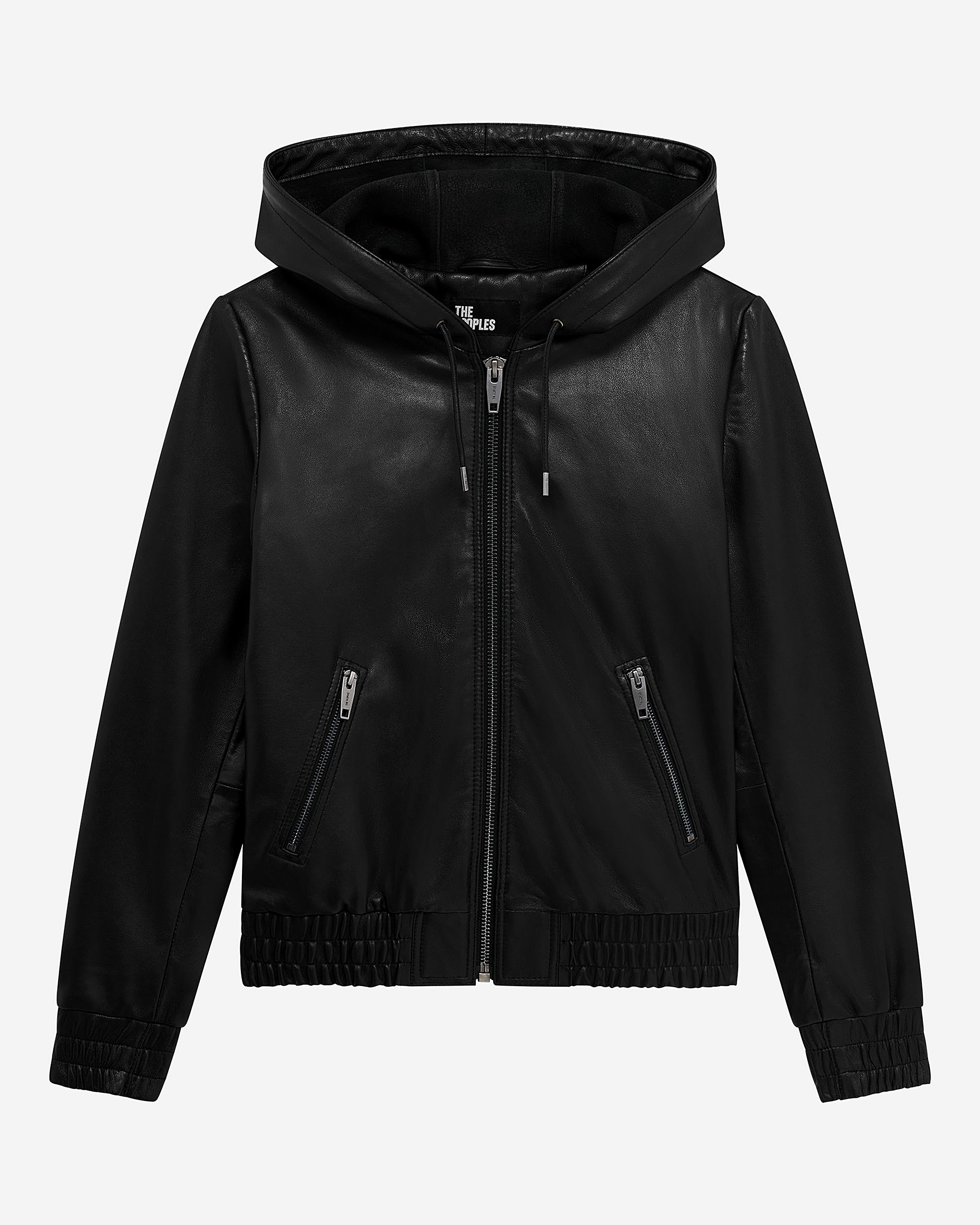 Black leather hooded jacket
