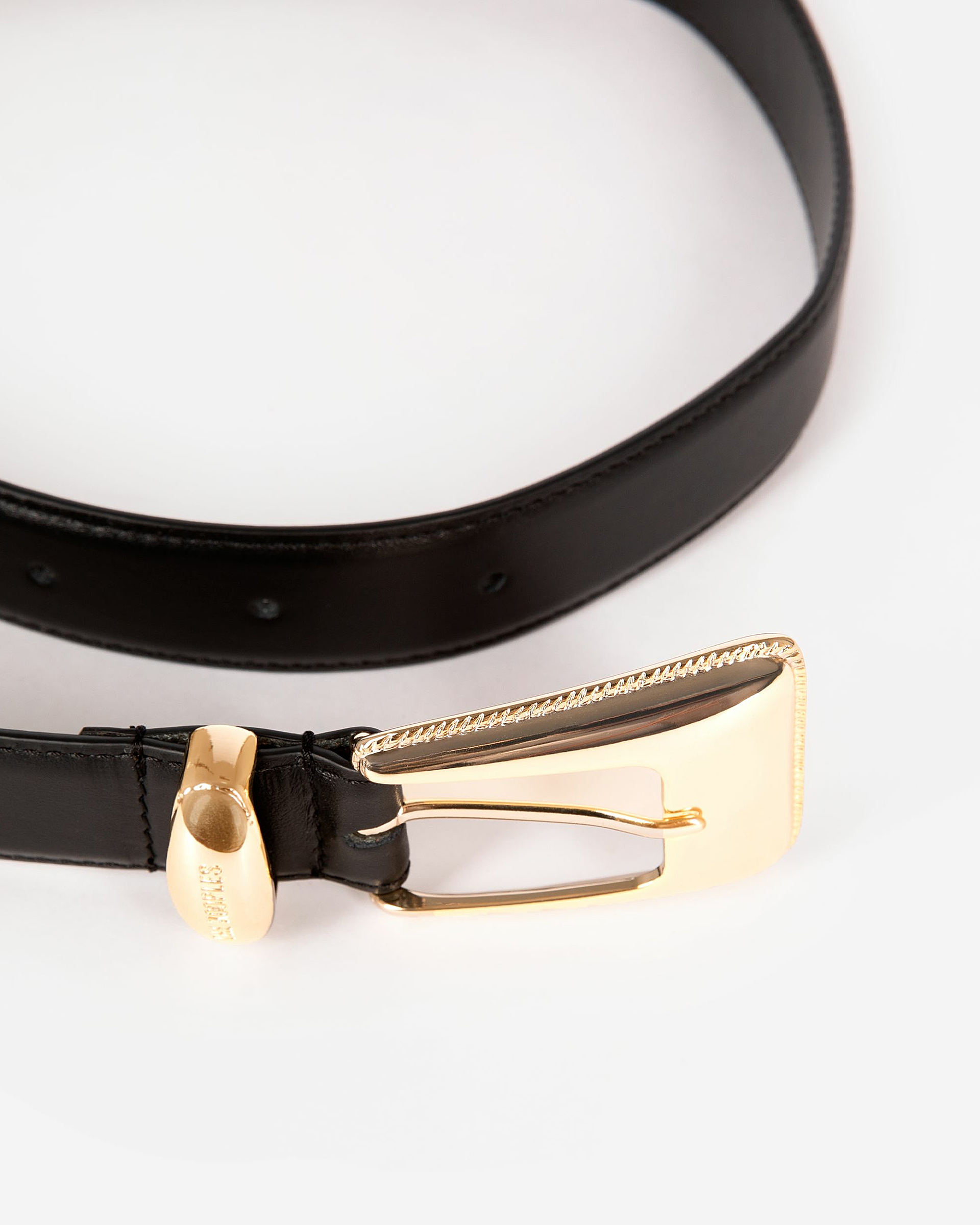 Black leather gold western buckle belt