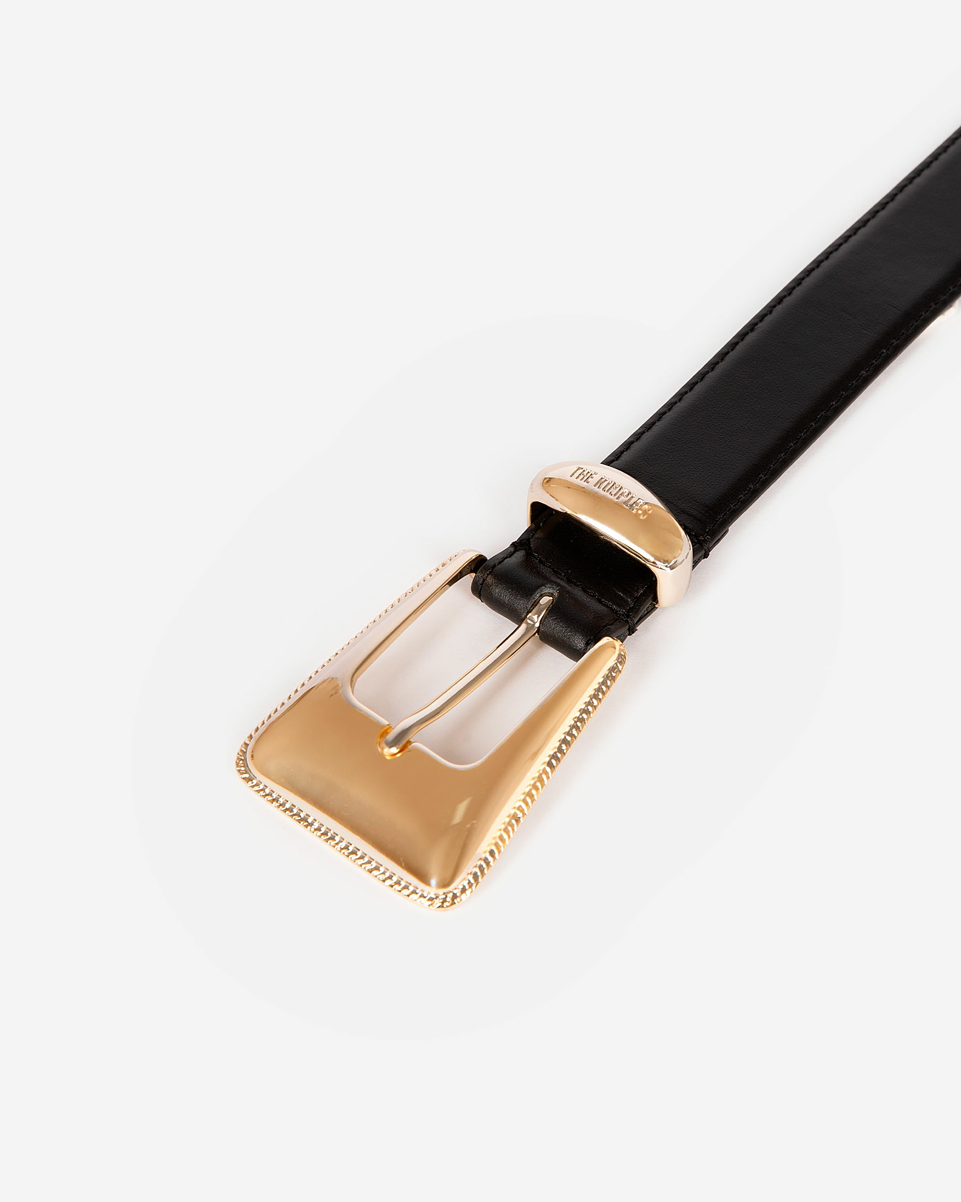 Black leather gold western buckle belt