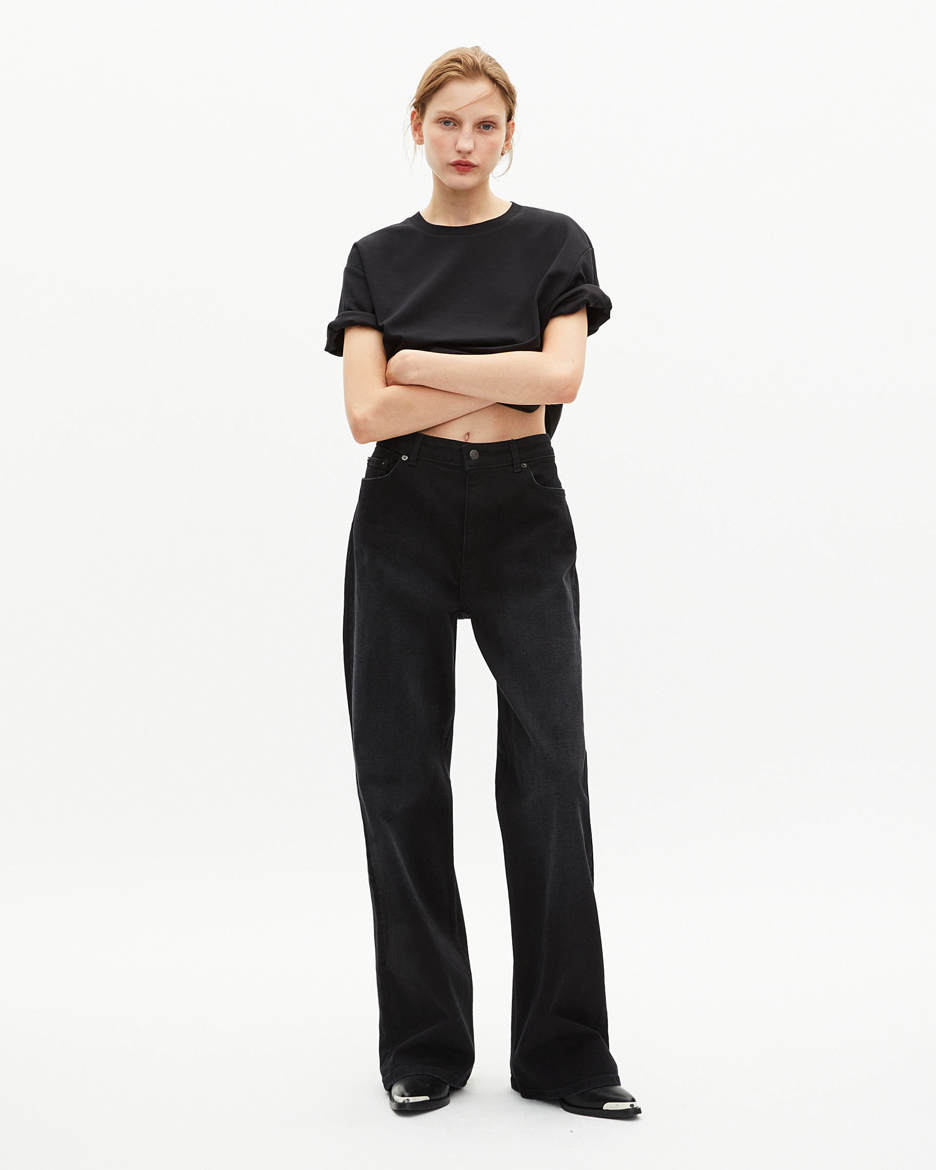 Mixed T-shirt, straight, plain black